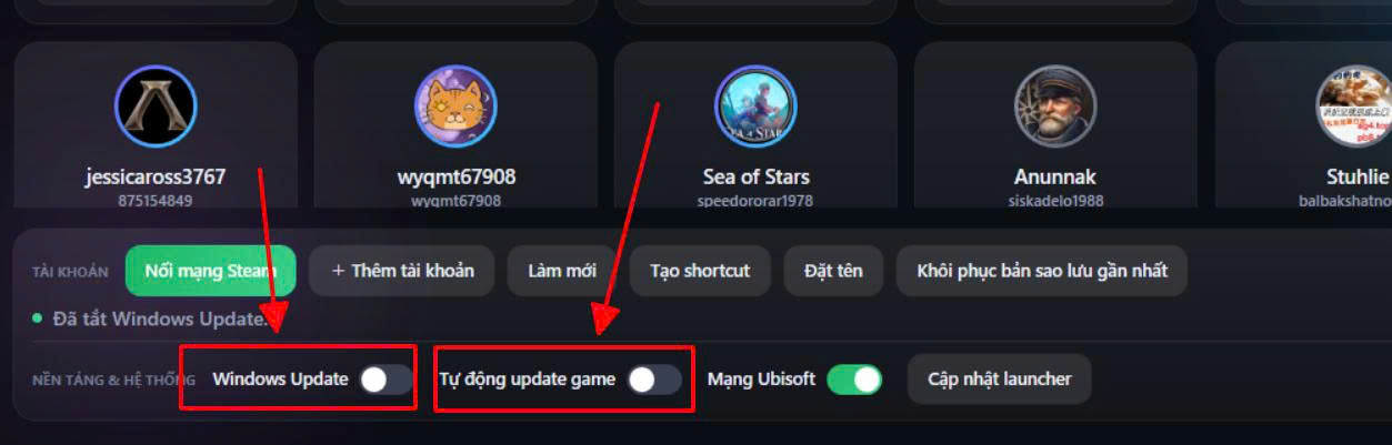 Vị trí công tắc Windows Update và Tự động update game trên Tedi Launcher